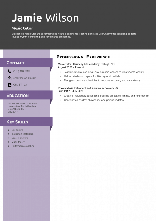 Music tutor resume example