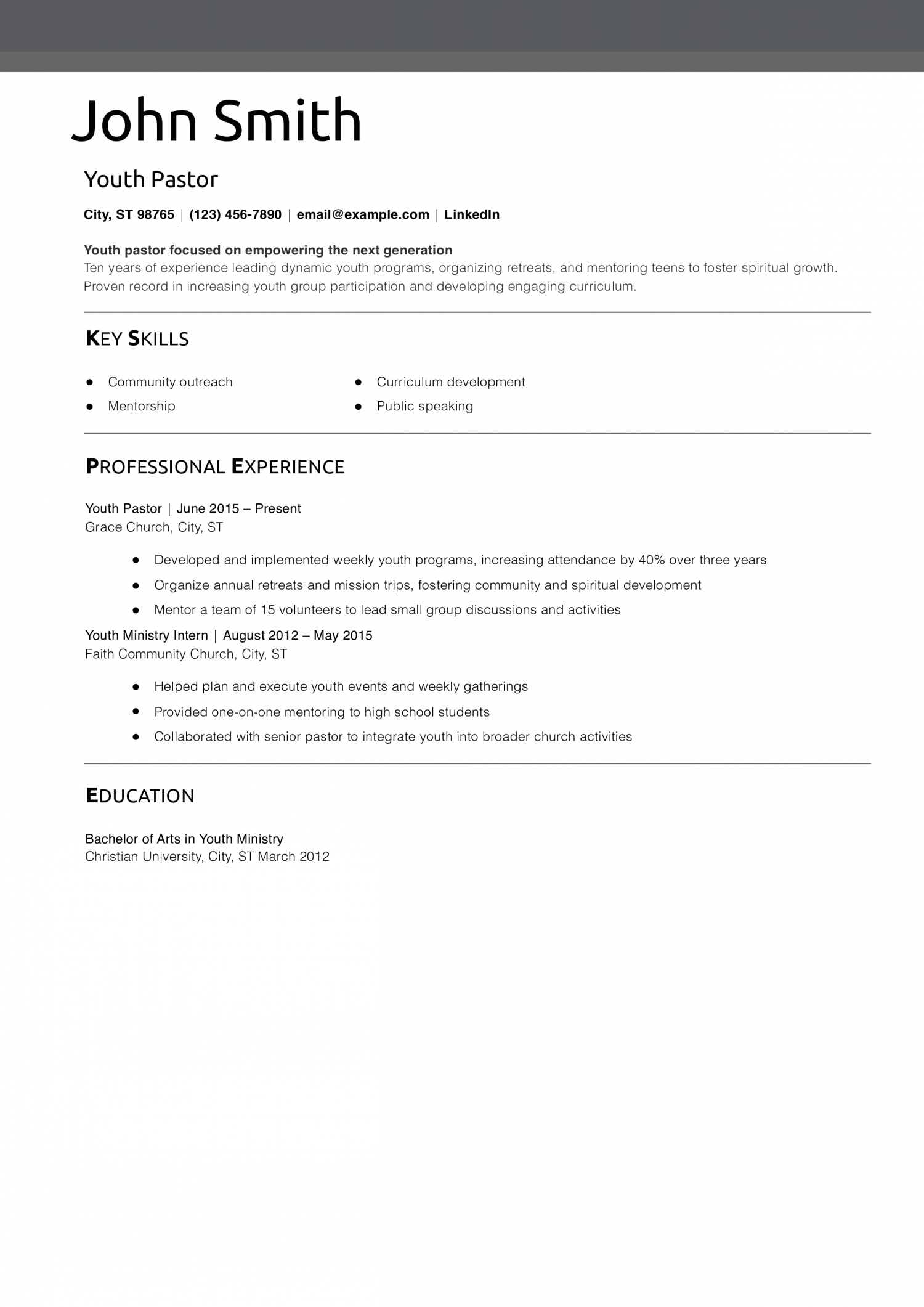 Youth Pastor Resume Example