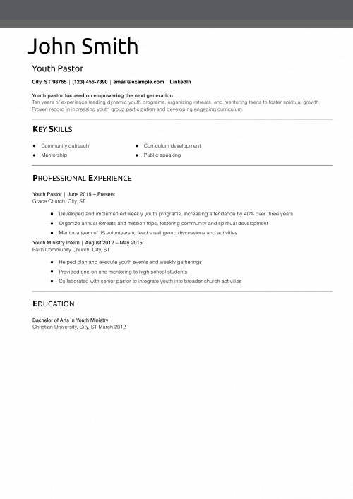 Youth Pastor Resume Example