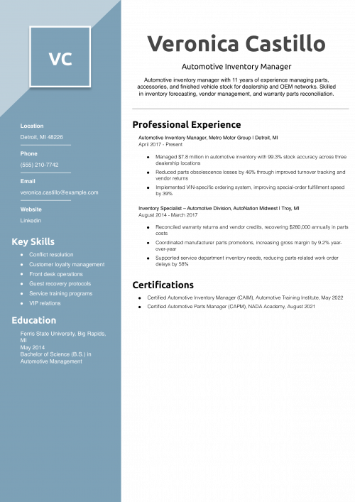 Automotive Inventory Manager Resume Example