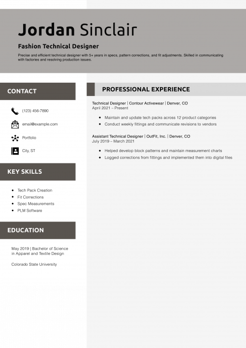 Fashion Technical Designer Resume