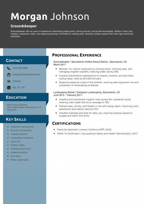 Groundskeeper Resume Example