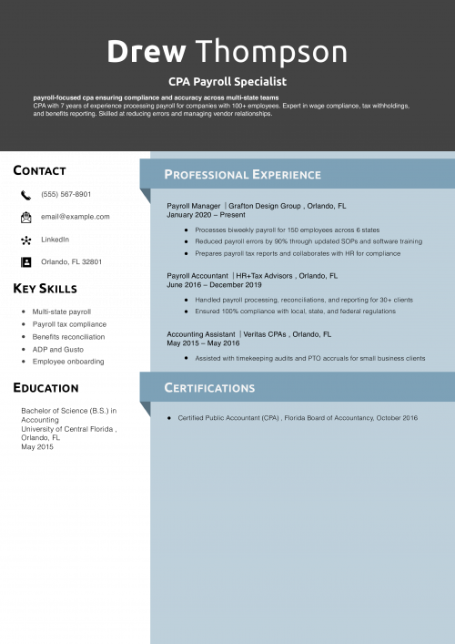 CPA Payroll Specialist Resume 