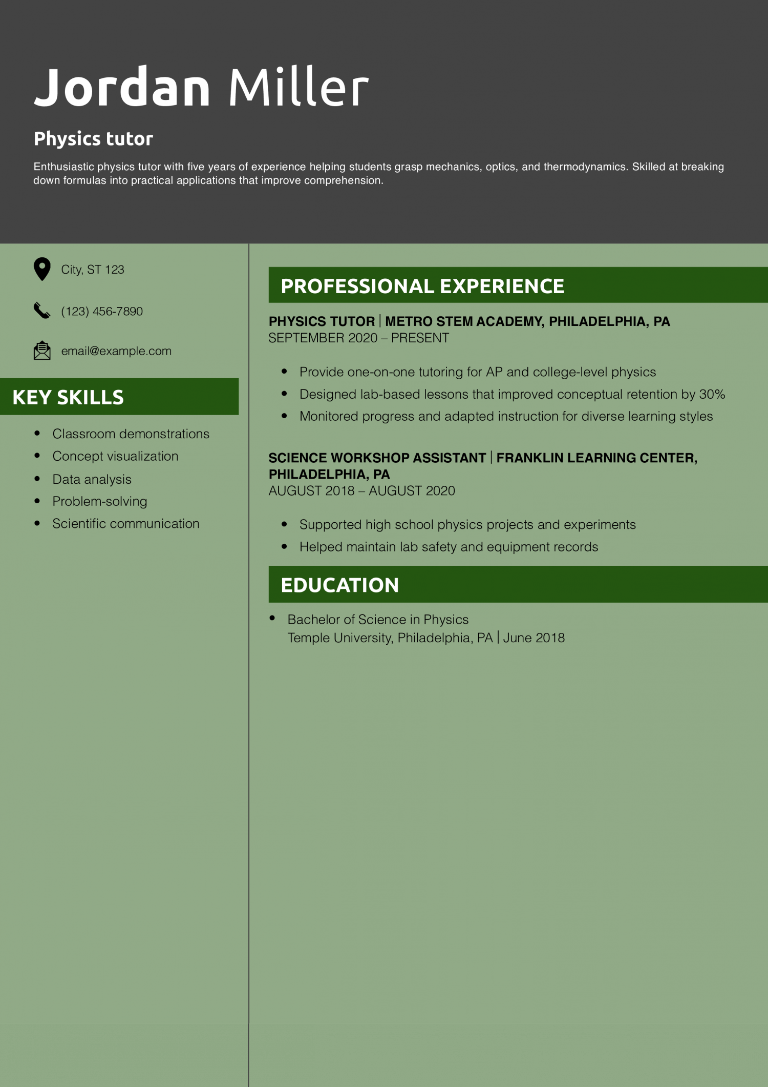 Physics tutor resume example