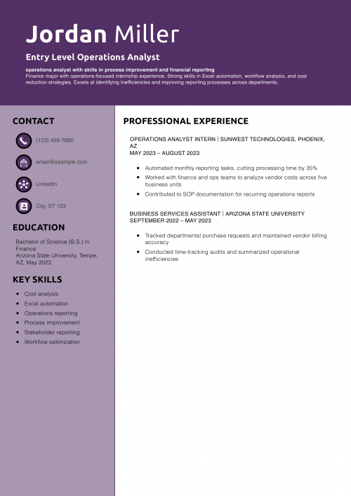 Entry Level Operations Analyst Resume Example