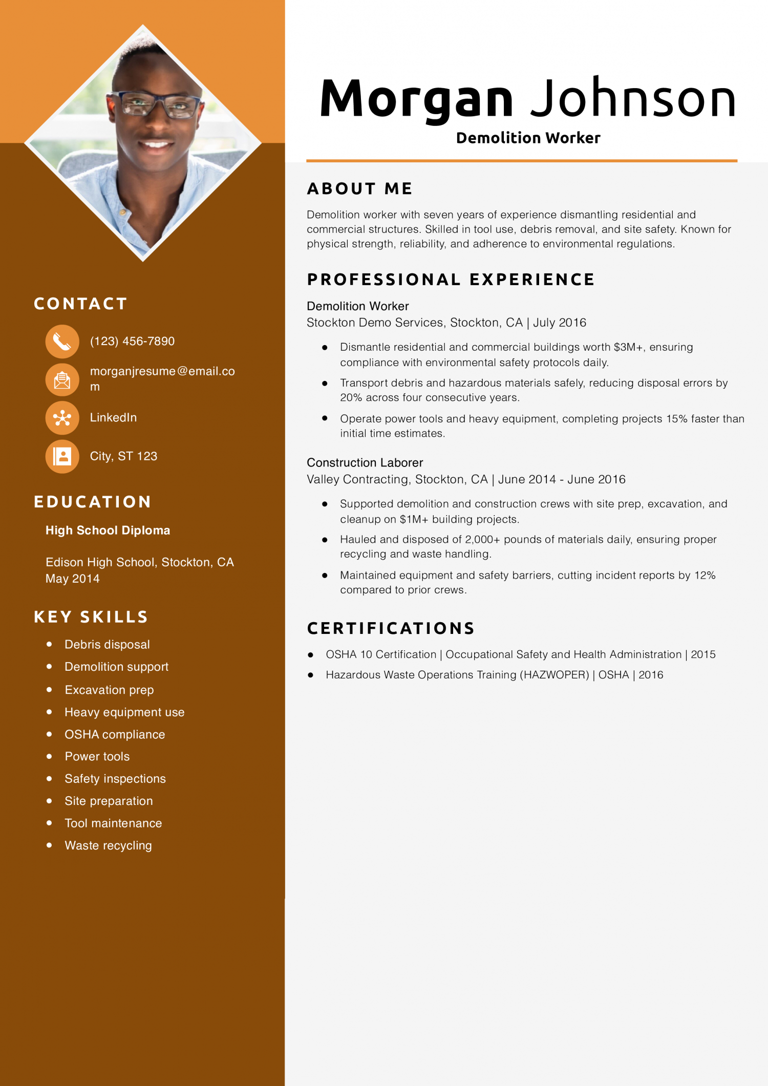 Demolition Worker Resume Example