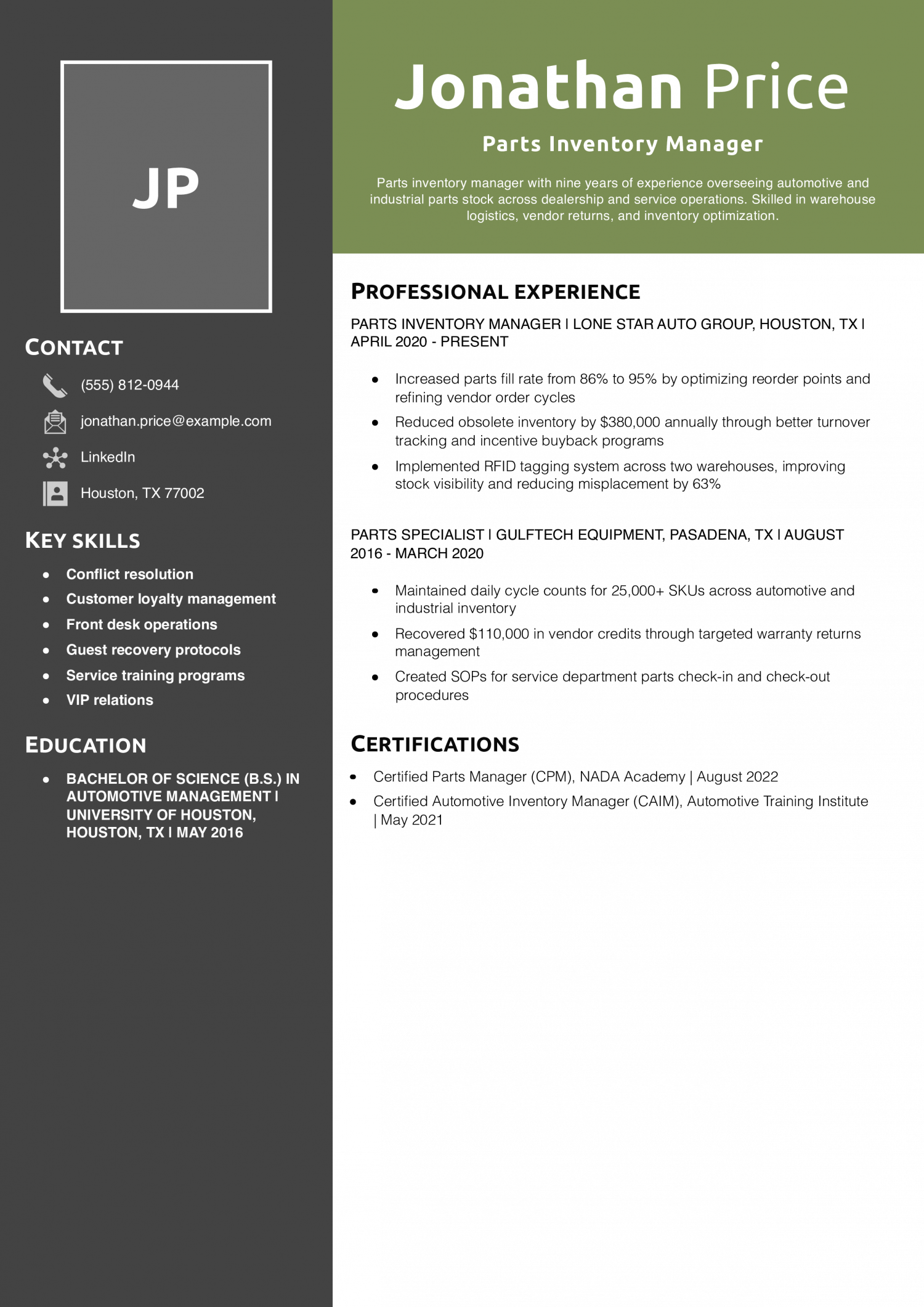 Parts Inventory Manager Resume Example