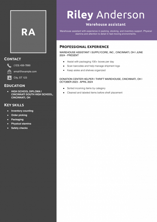Warehouse assistant resume example
