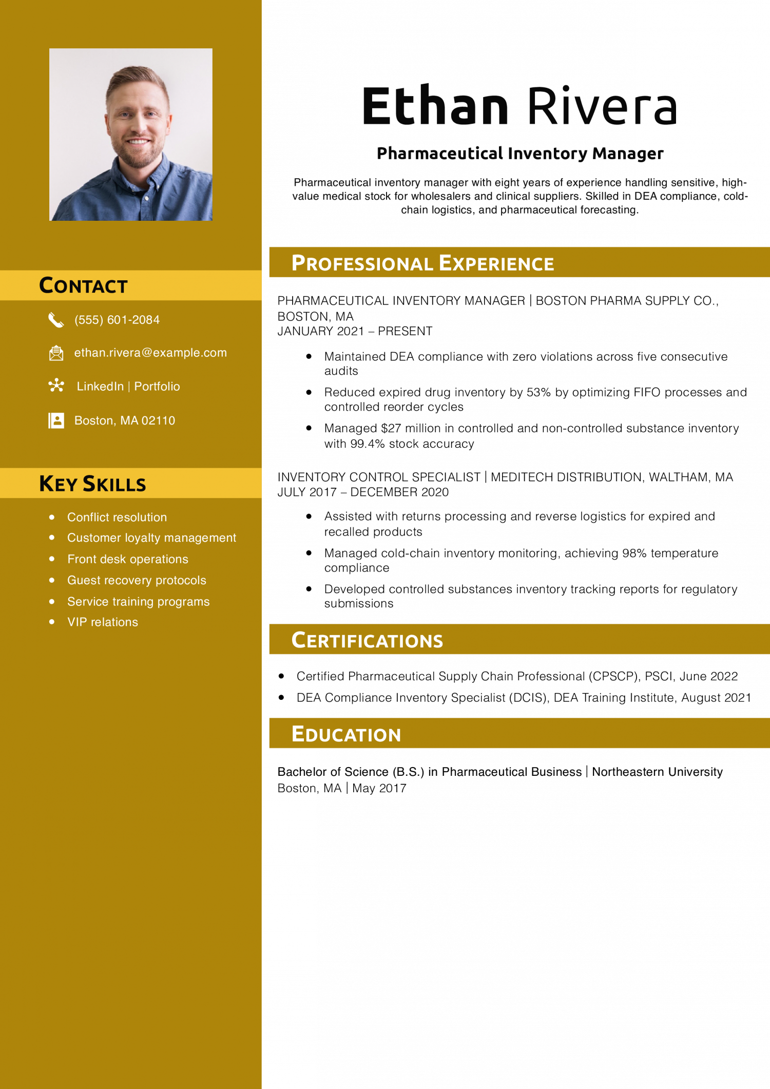 Pharmaceutical Inventory Manager Resume Example