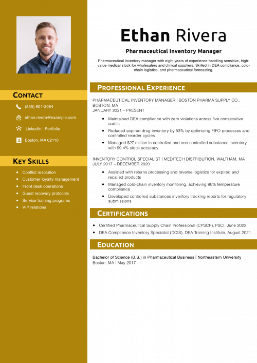 Pharmaceutical Inventory Manager Resume Example