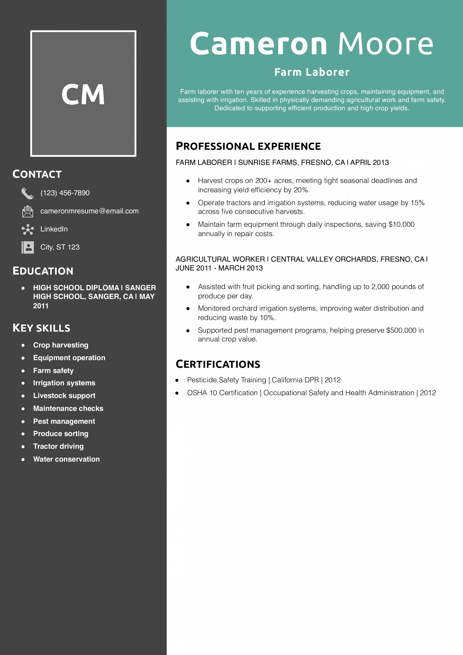 Farm Laborer Resume Example