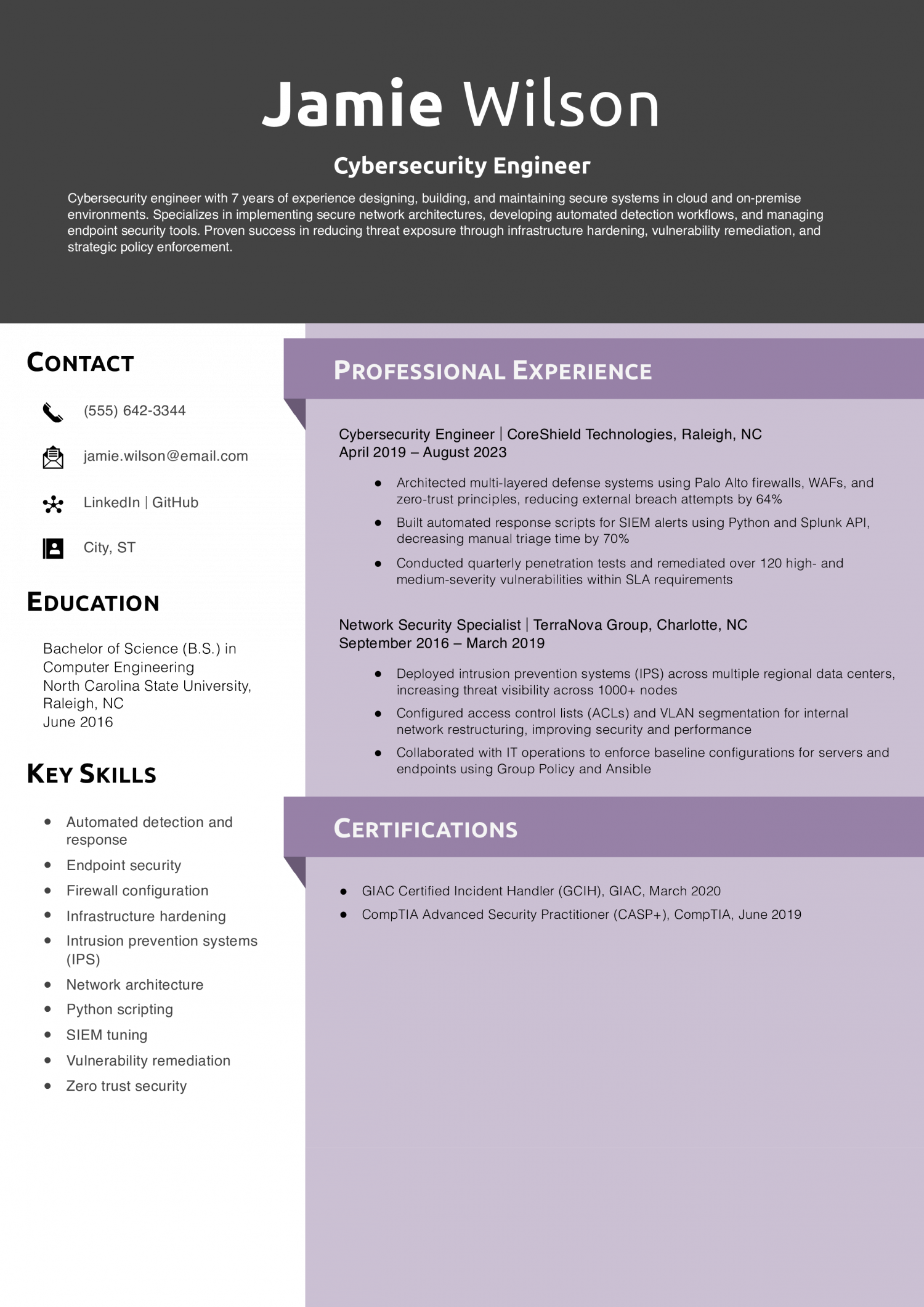 Cybersecurity Engineer Resume Example