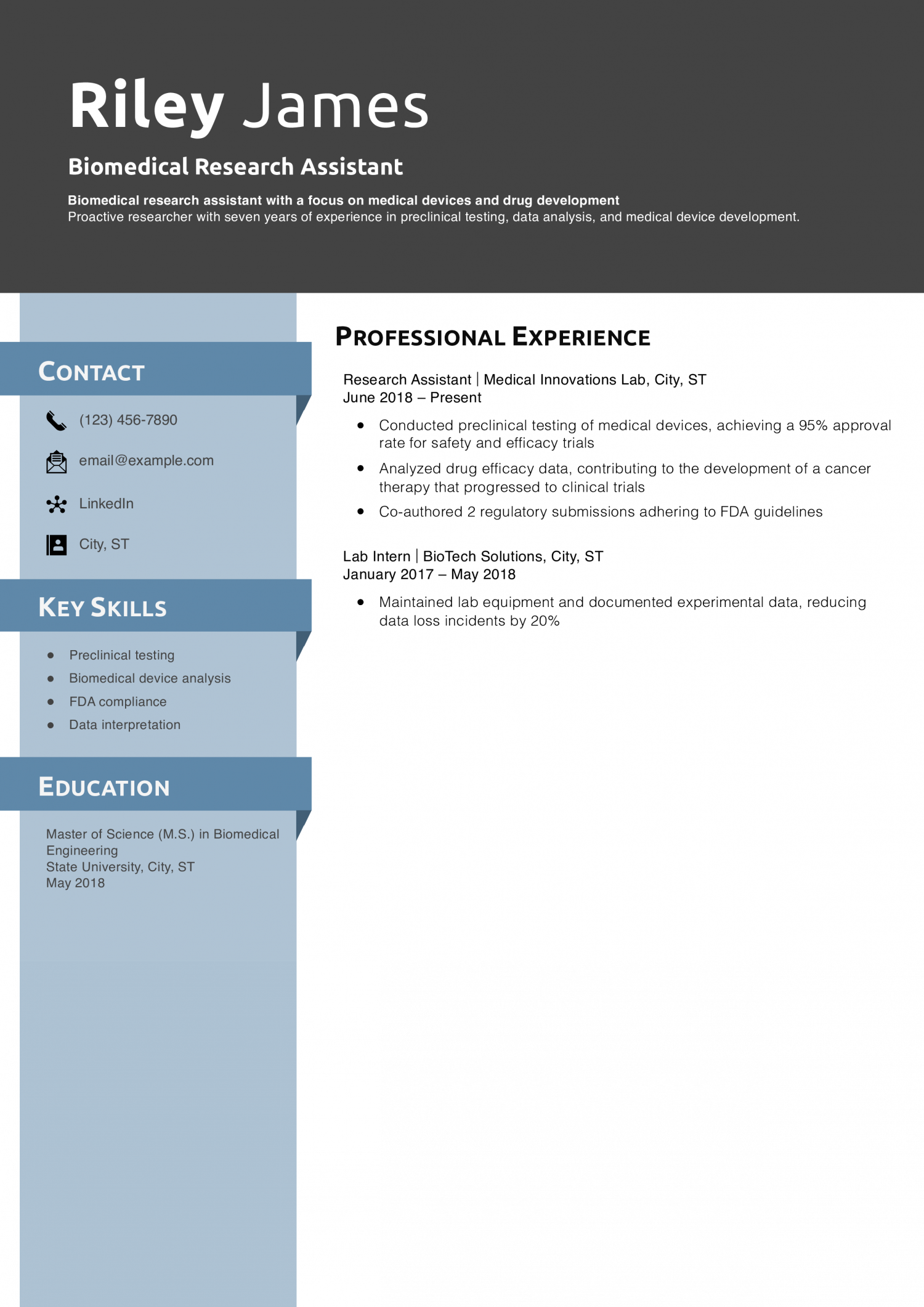 Biomedical Research Assistant Resume