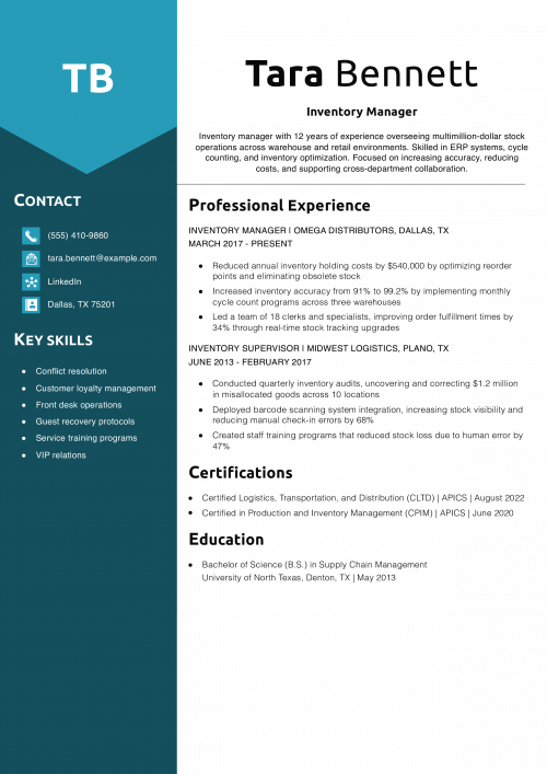 Inventory Manager Resume Example