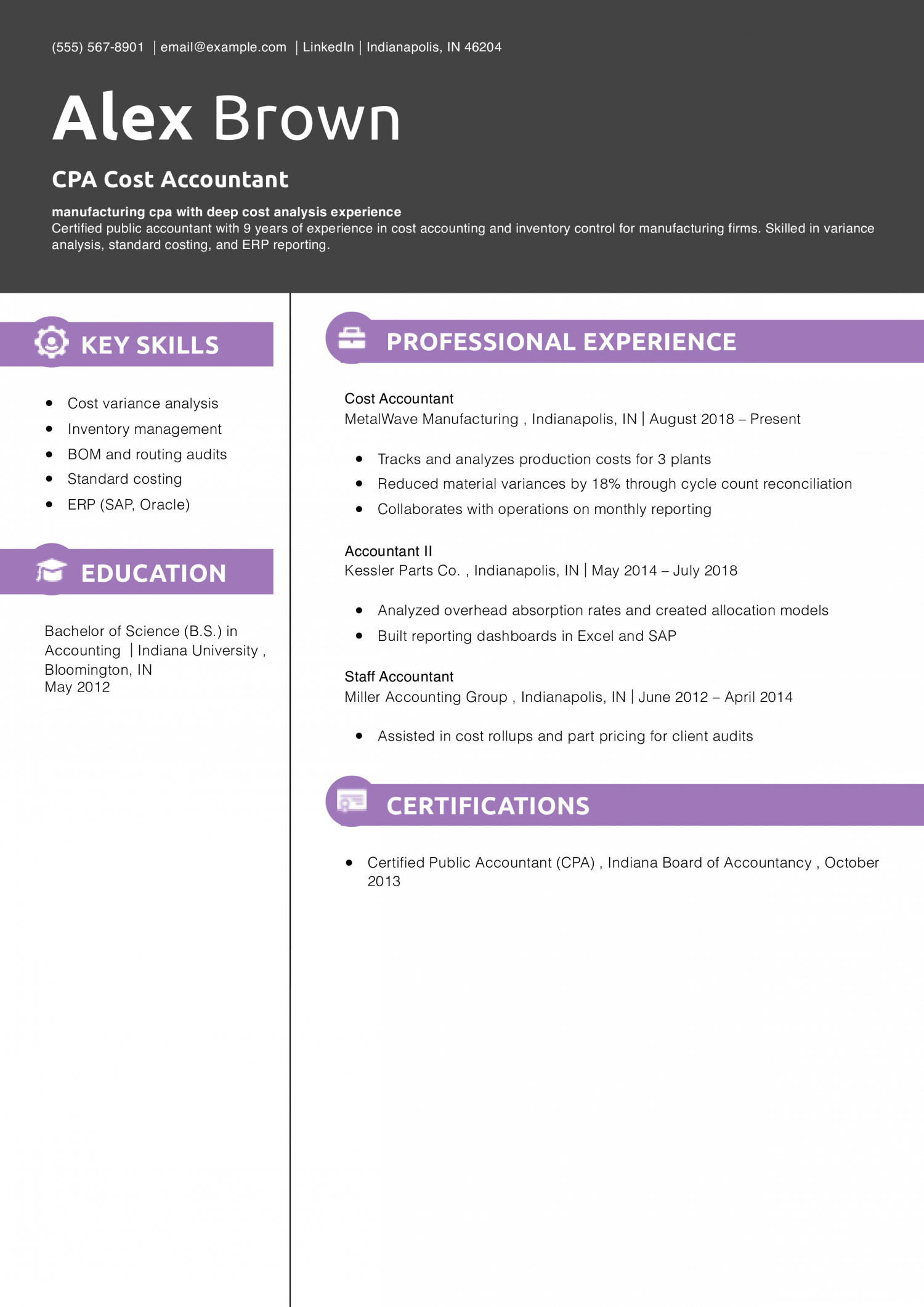 CPA Cost Accountant Resume 