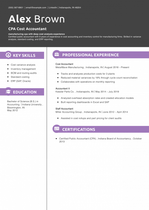 CPA Cost Accountant Resume 