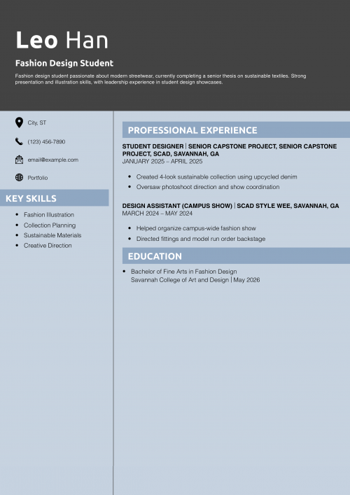 Fashion Design Student Resume