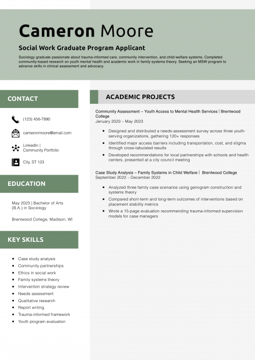 Social Work Graduate Program Applicant Resume Example