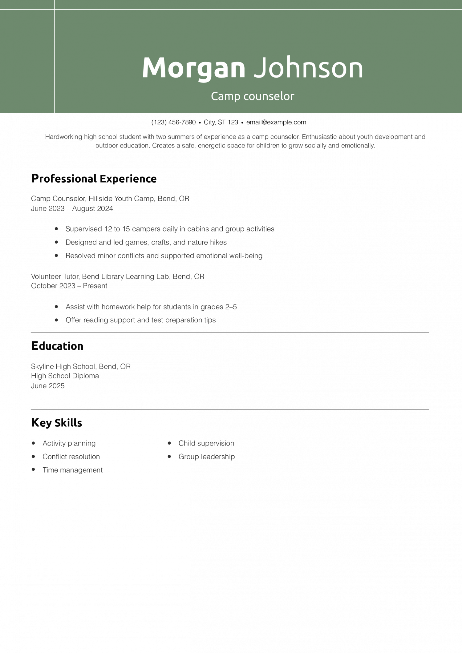 Camp counselor resume example