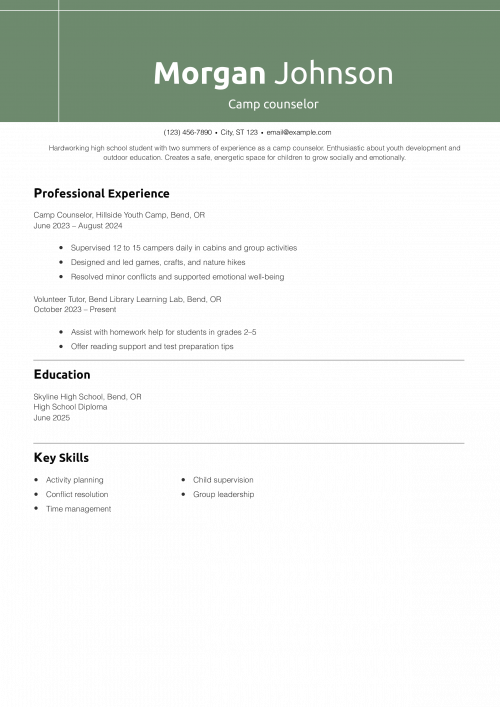 Camp counselor resume example