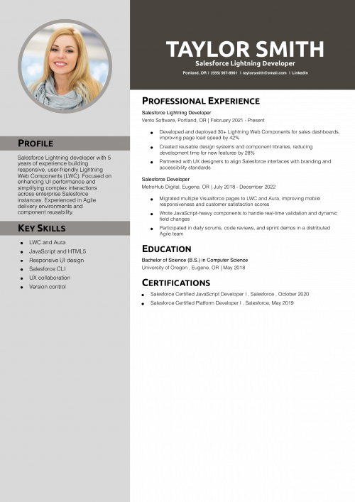Salesforce Lightning Developer Resume Example 