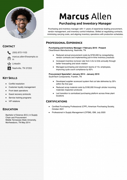 Purchasing and Inventory Manager Resume Example