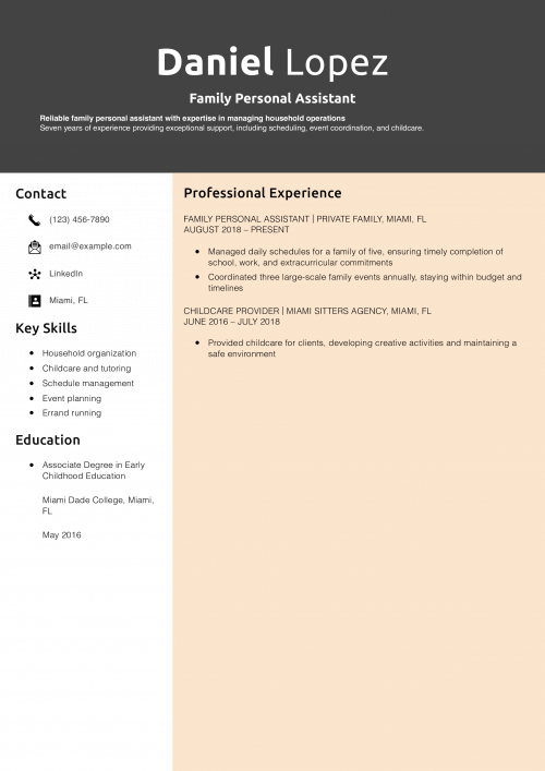 Family Personal Assistant Resume