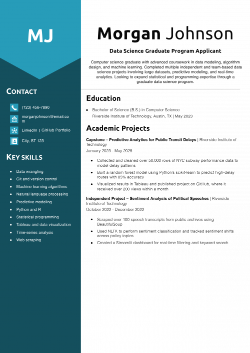 Data Science Graduate Program Applicant Resume Example