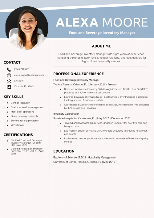Food and Beverage Inventory Manager Resume Example