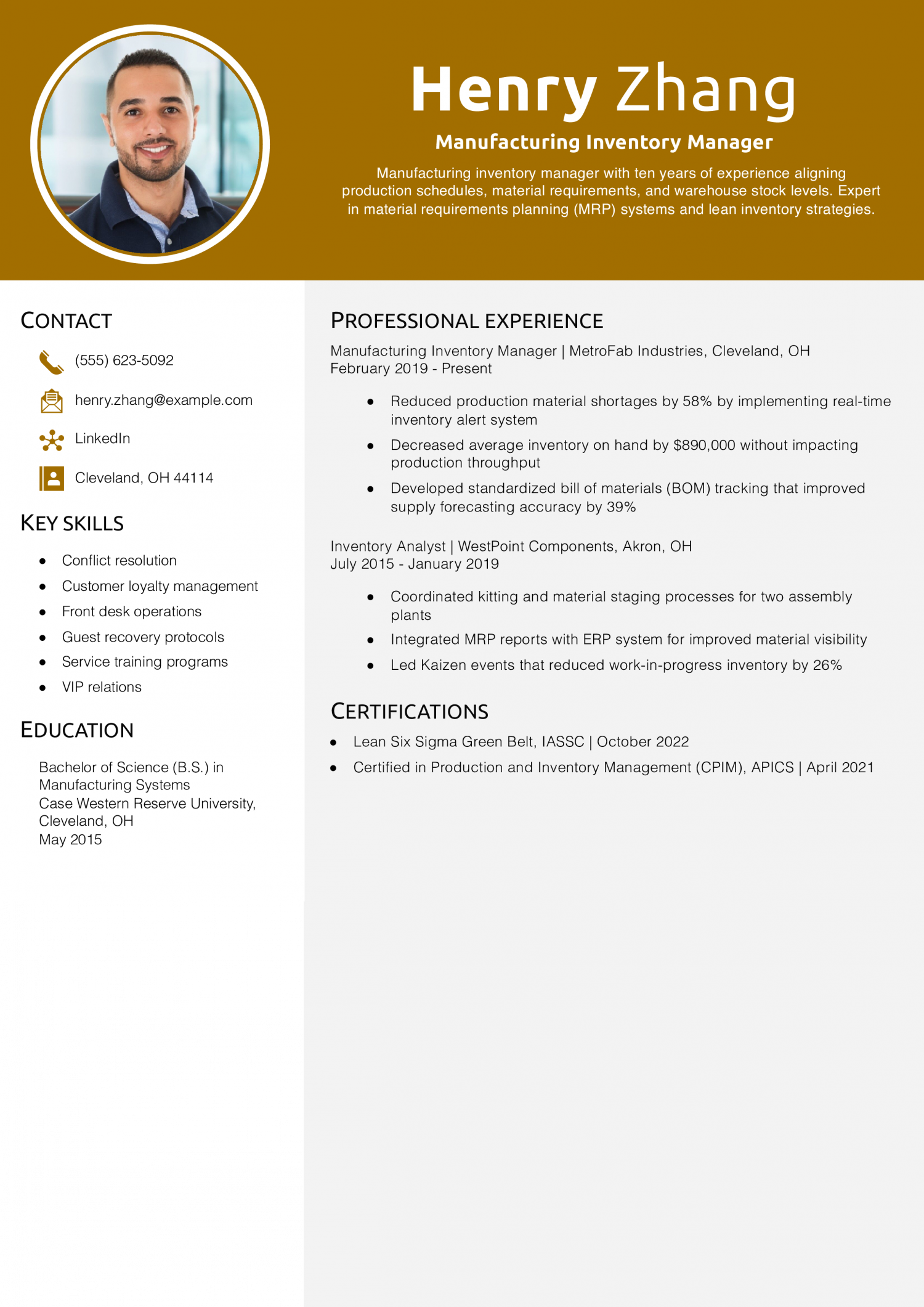 Manufacturing Inventory Manager Resume Example