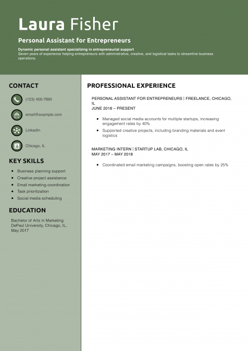 Personal Assistant for Entrepreneurs Resume