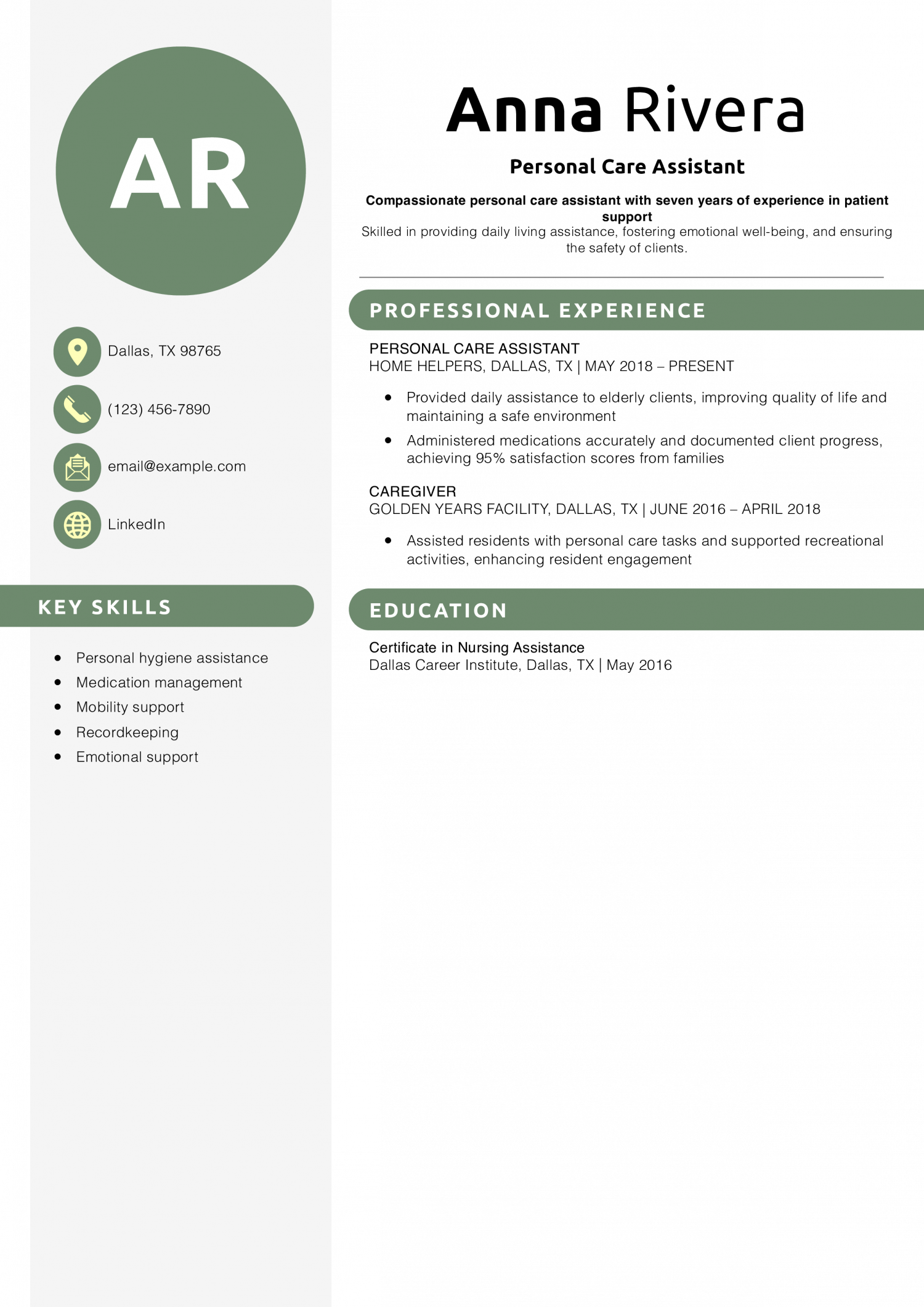 Personal Care Assistant Resume