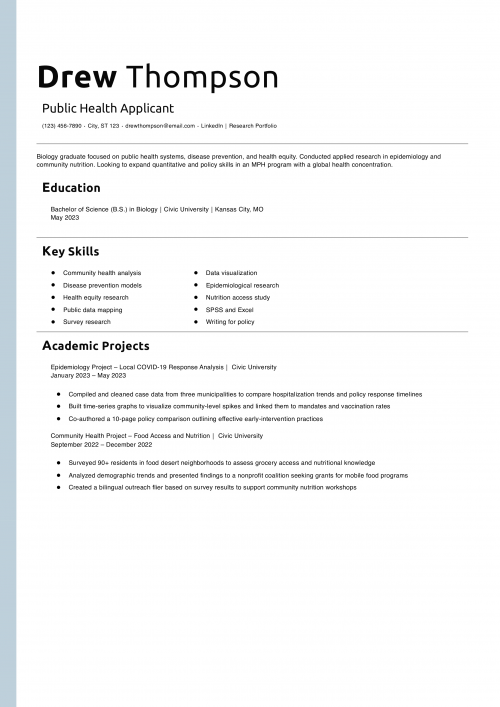 Public Health Applicant Resume Example