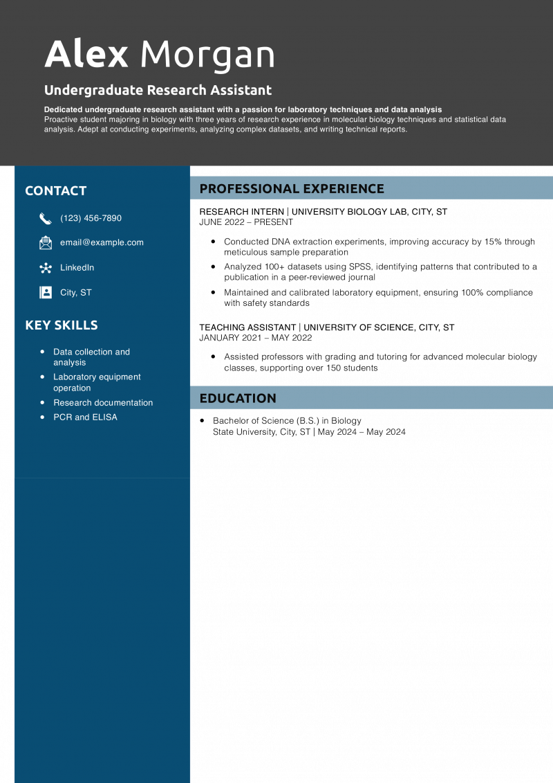 Undergraduate Research Assistant Resume