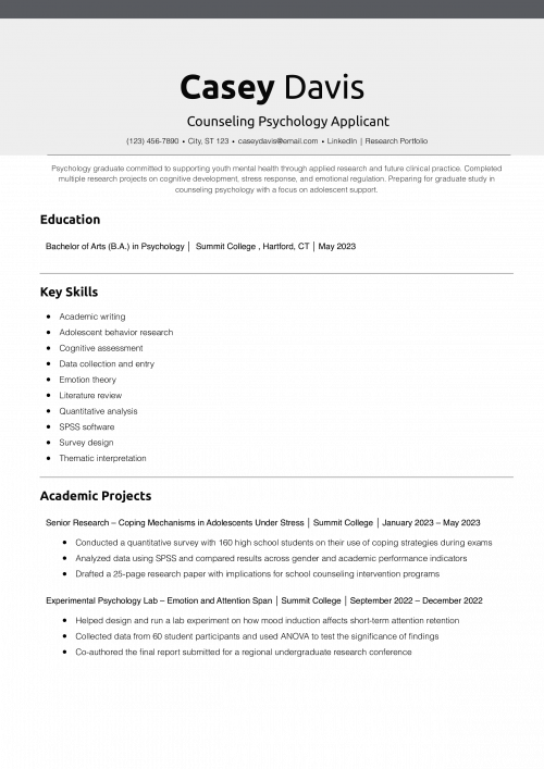 Counseling Psychology Applicant Resume Example