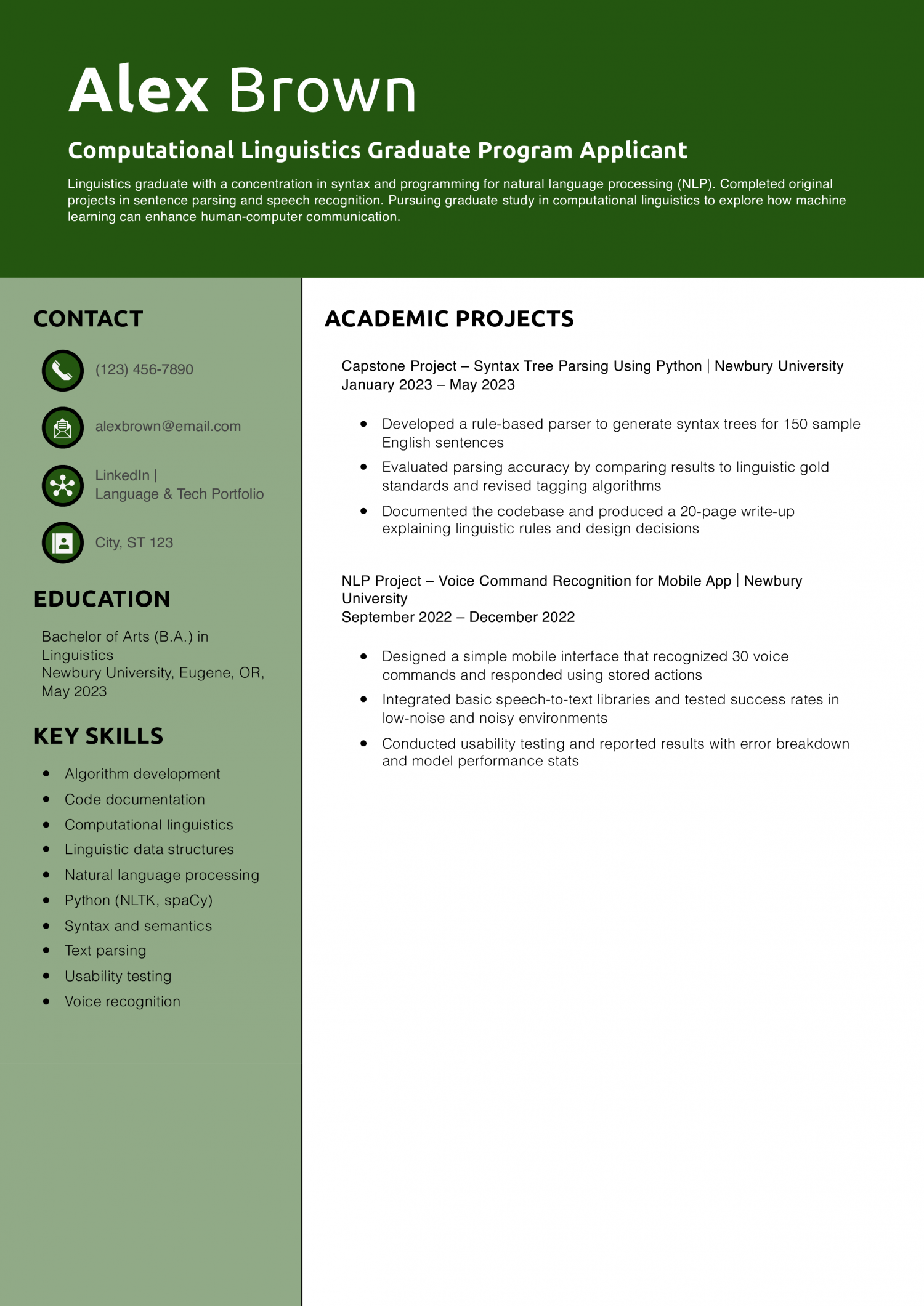 Computational Linguistics Graduate Program Applicant Resume Example