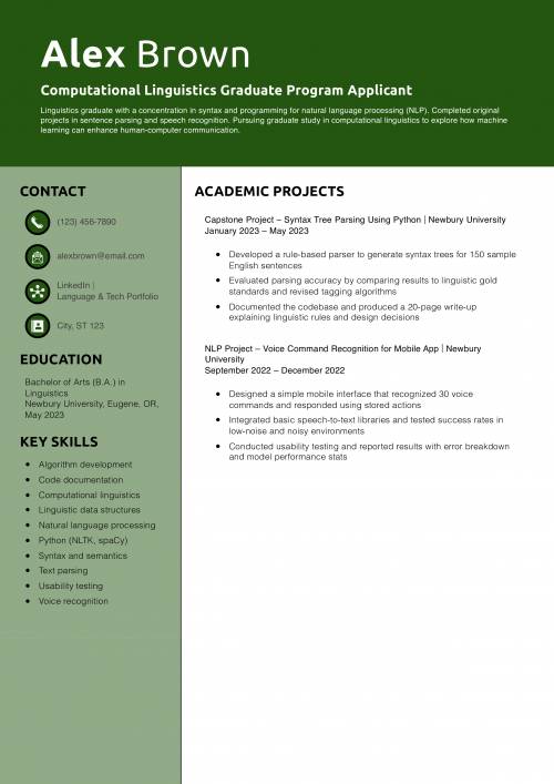 Computational Linguistics Graduate Program Applicant Resume Example
