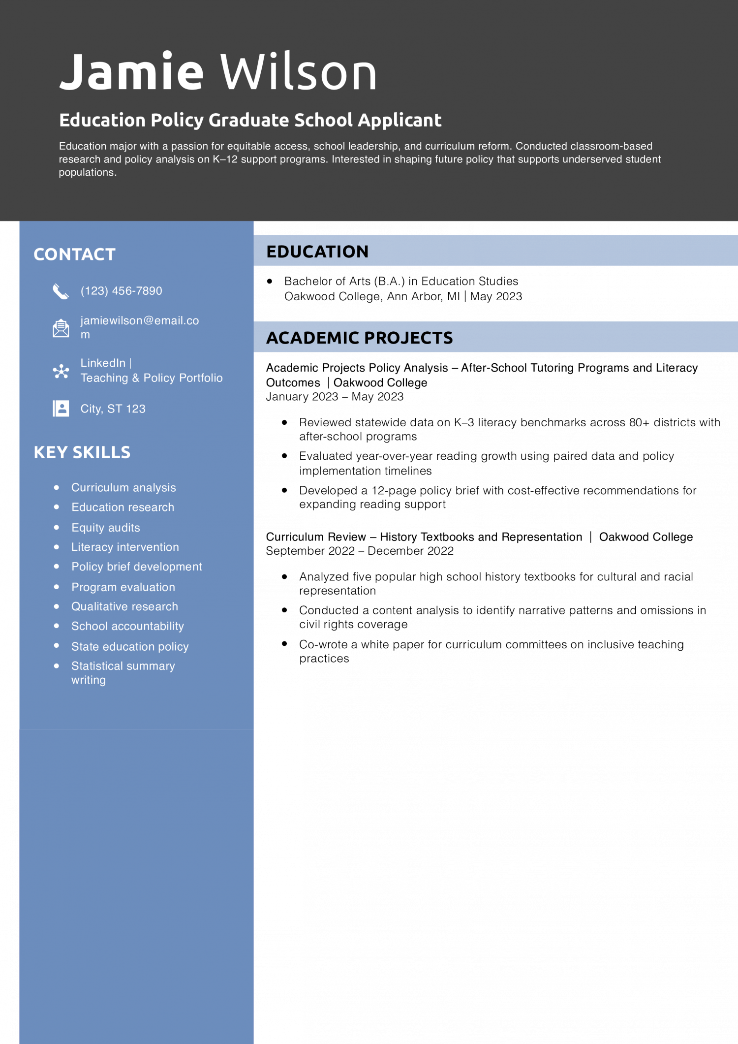 Education Policy Graduate School Applicant Resume Example