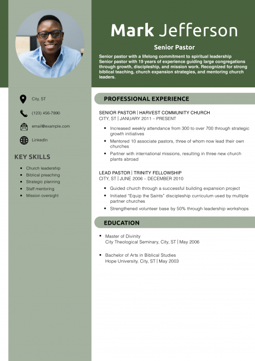 Senior Pastor Resume Example
