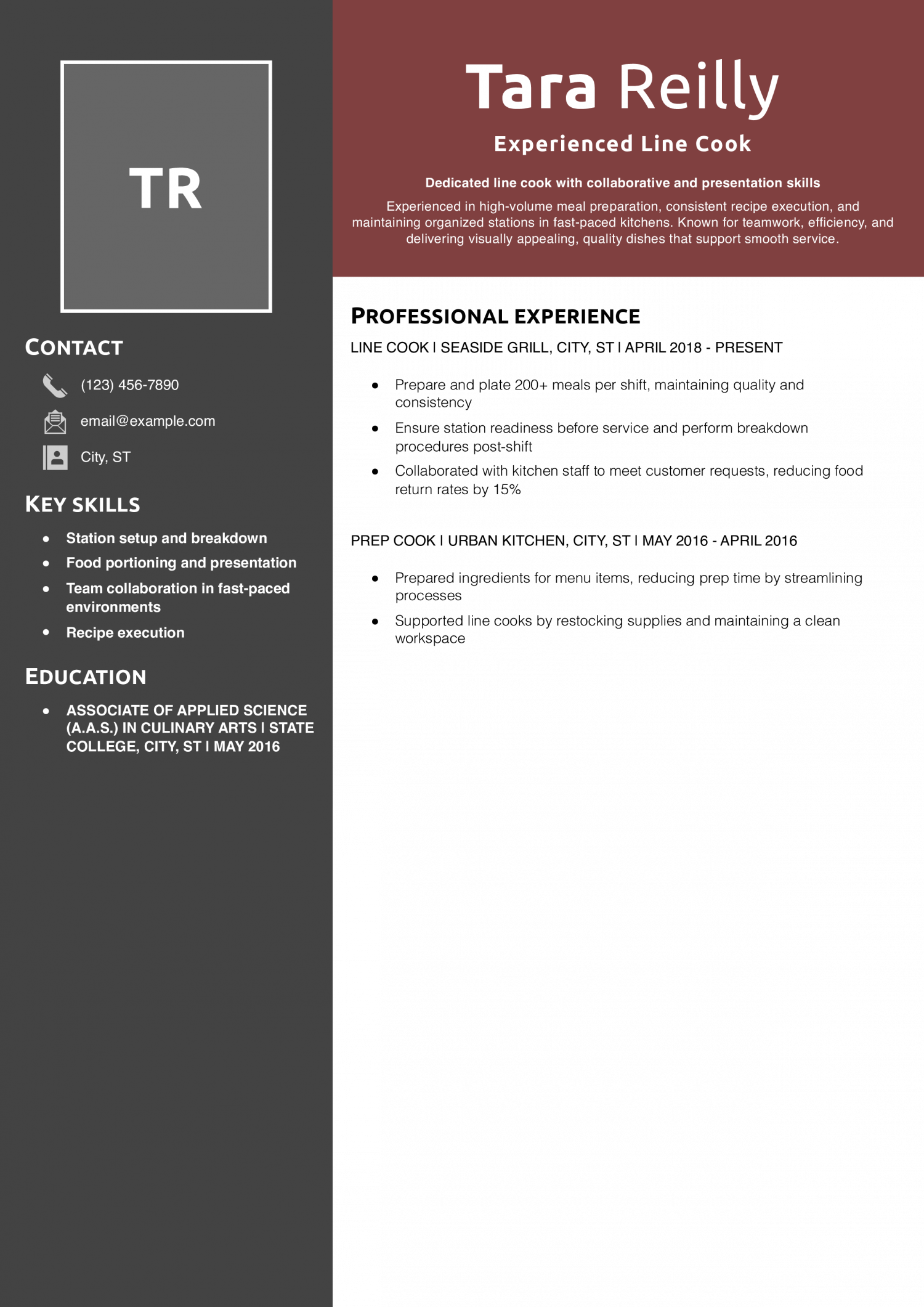 Experienced Line Cook Resume