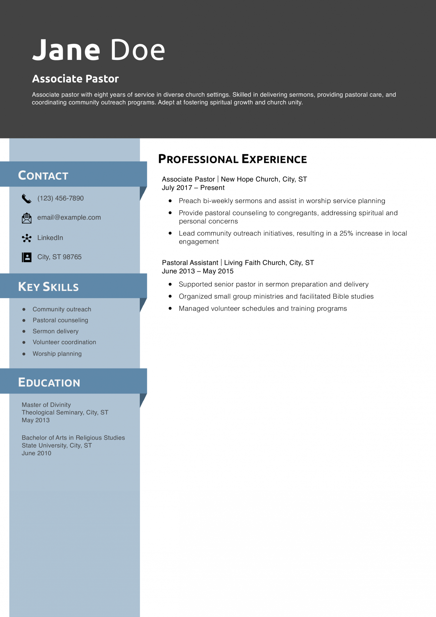 Associate Pastor Resume Example