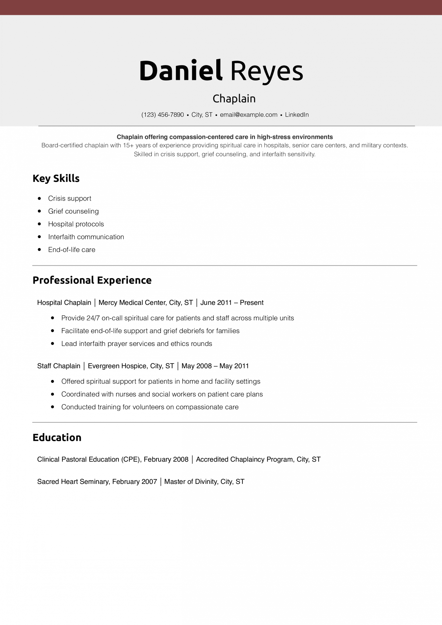 Chaplain Resume Example