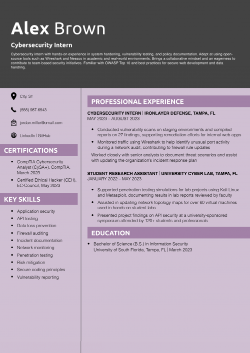 Cybersecurity Intern Resume Example