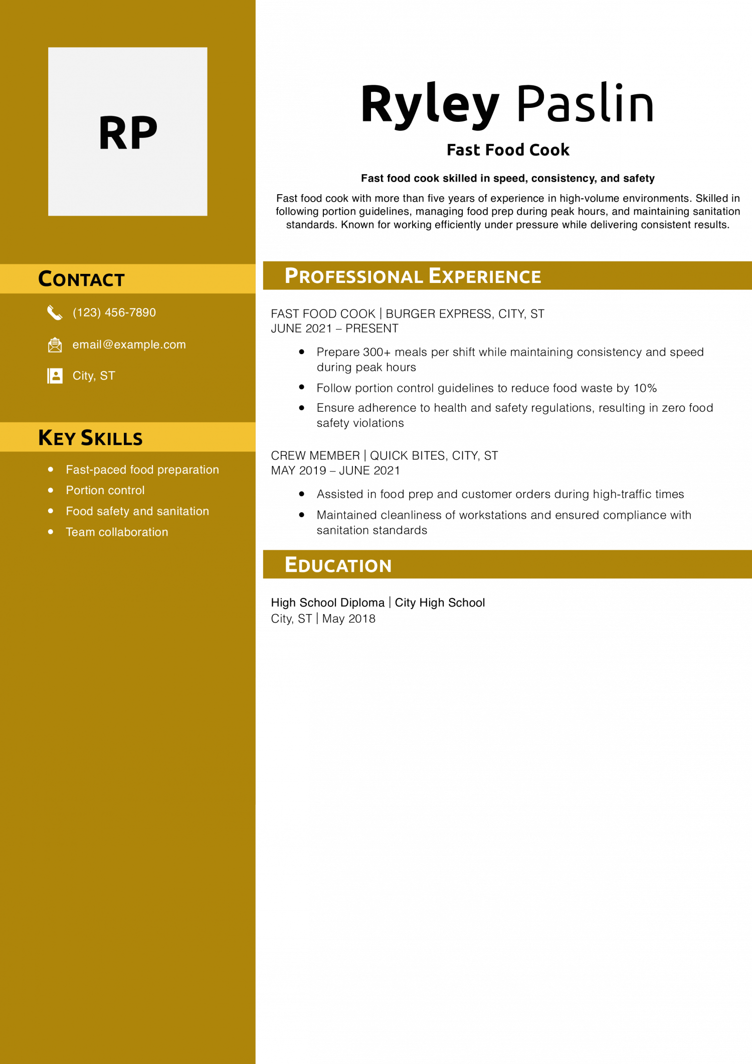 Fast Food Cook Resume