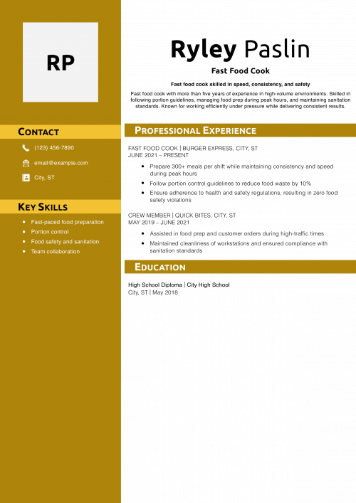 Fast Food Cook Resume