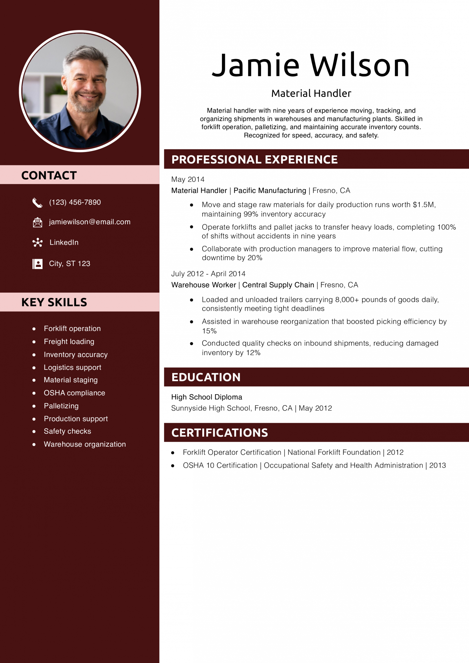 Material Handler Resume Example