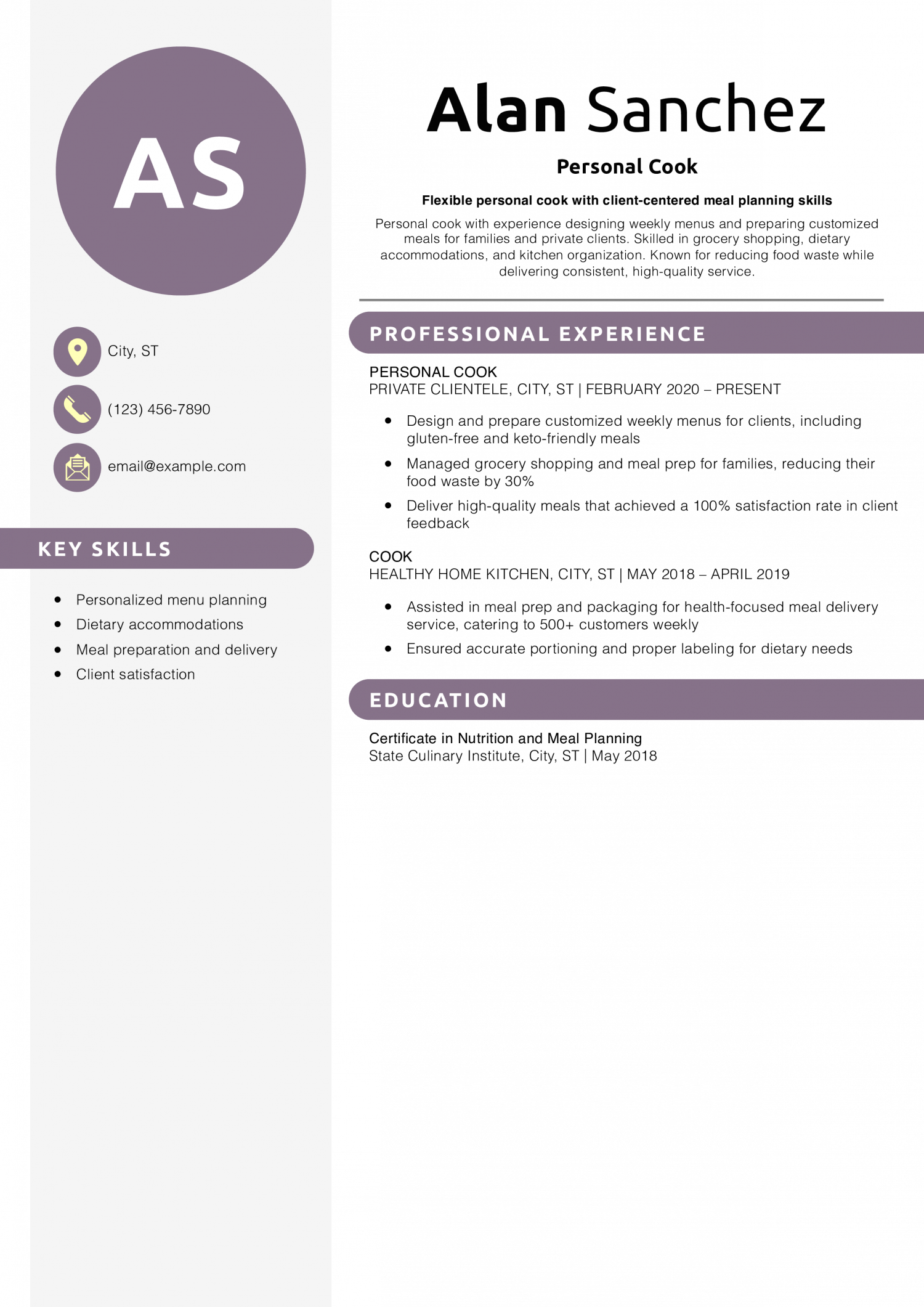 Personal Cook Resume