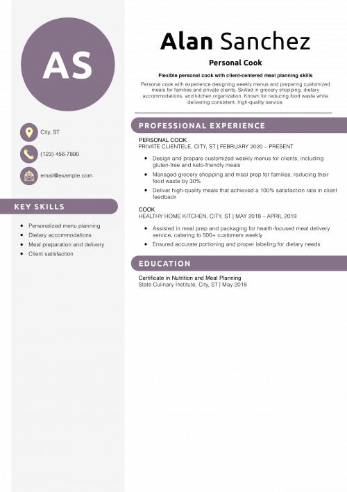 Personal Cook Resume