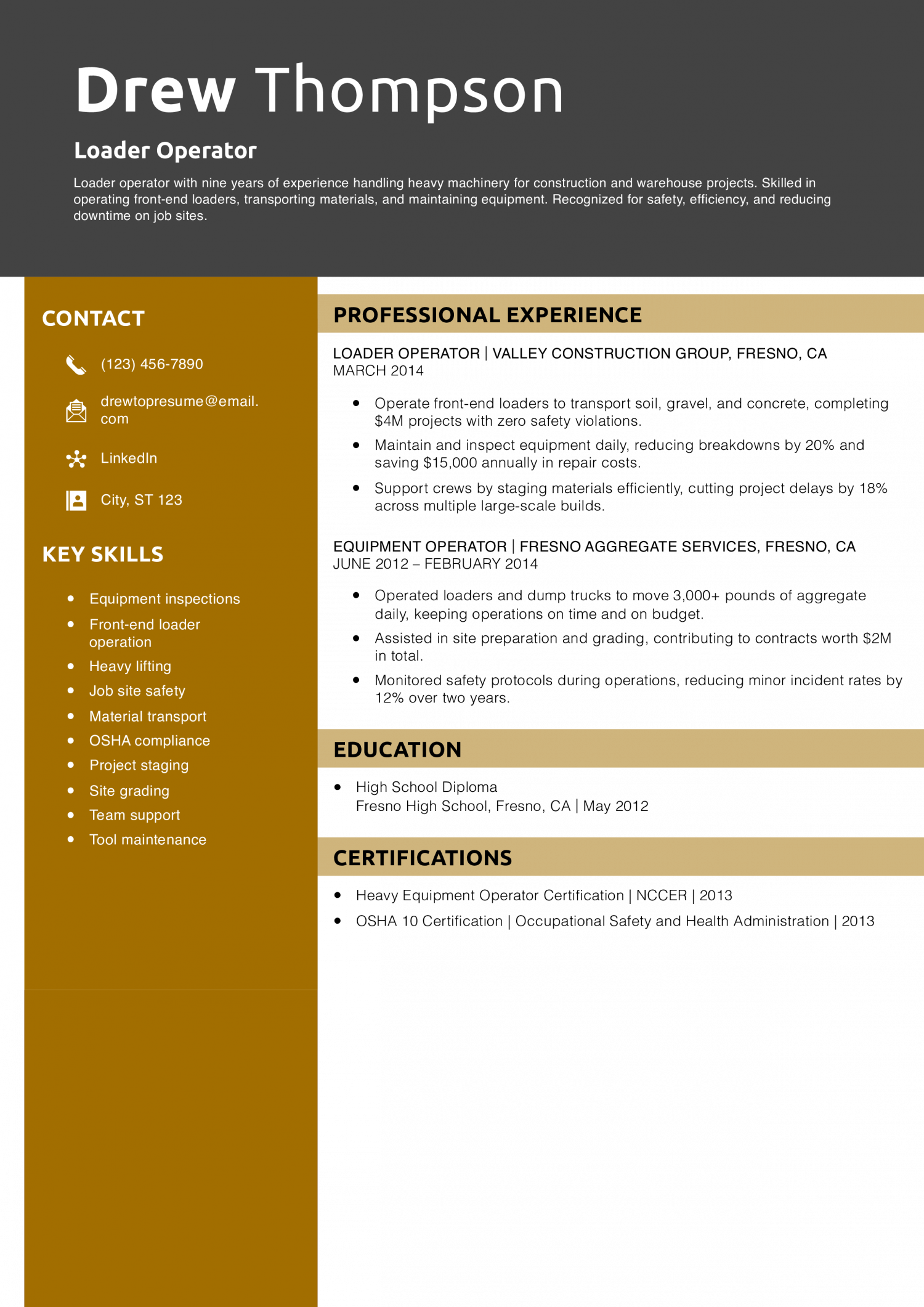 Loader Operator Resume Example
