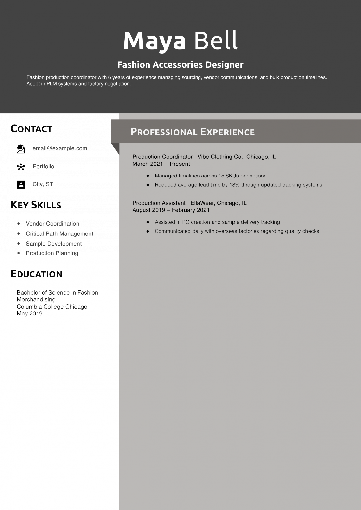 Fashion Production Coordinator Resume